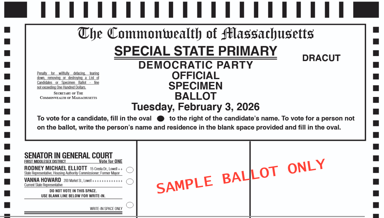 A screenshot of the sample ballot that features the two contending individuals in the democratic party primary for the 1st Middlesex District State Senator: Rodney Michael Elliott or Vanna Howard