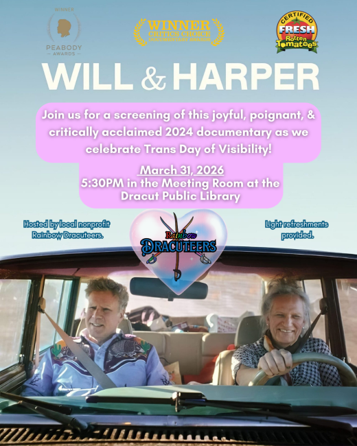 Will & Harper documentary viewing for free at Dracut library on March 31st, 2026 at 5:30pm